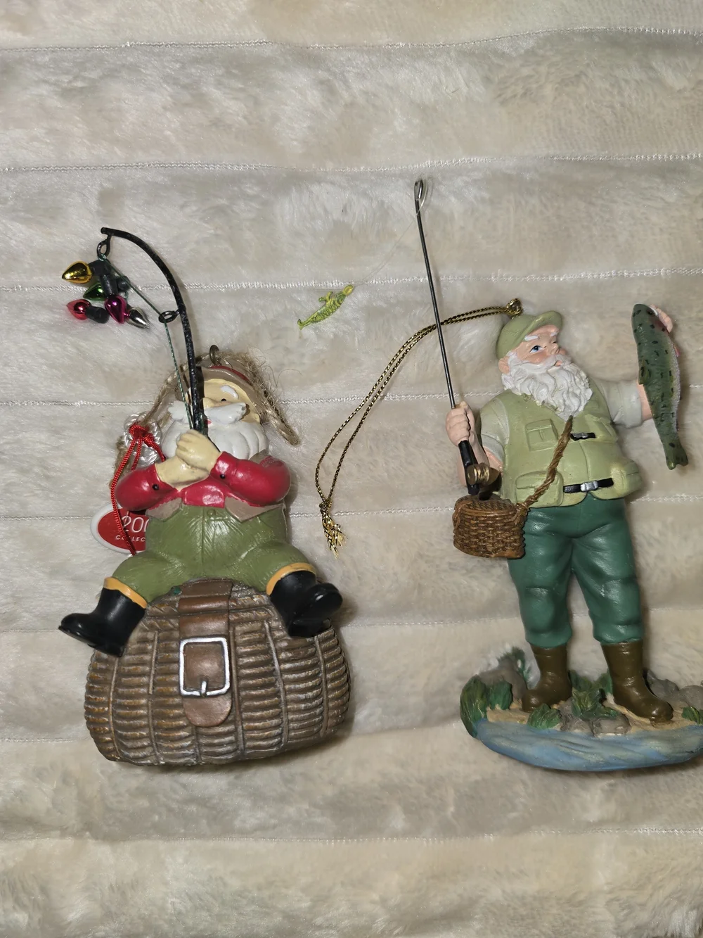 2 Resin Fisherman Holiday Santa Ornaments